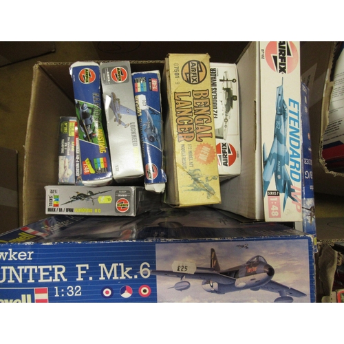 174 - Five boxes containing a quantity of unbuilt model aircraft kits, including Airfix, Revel, Italeri an... 