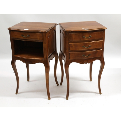 1756 - Near pair of 20th Century French fruitwood bedside cabinets, one with three drawers and one with a s... 