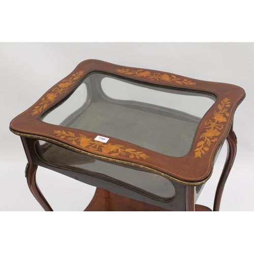 1760 - Edwardian mahogany and floral marquetry bijouterie table with glazed hinged top and undertier, on ca... 