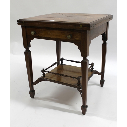 1800 - Edwardian rosewood and marquetry inlaid envelope card table with a single drawer, raised on square b... 