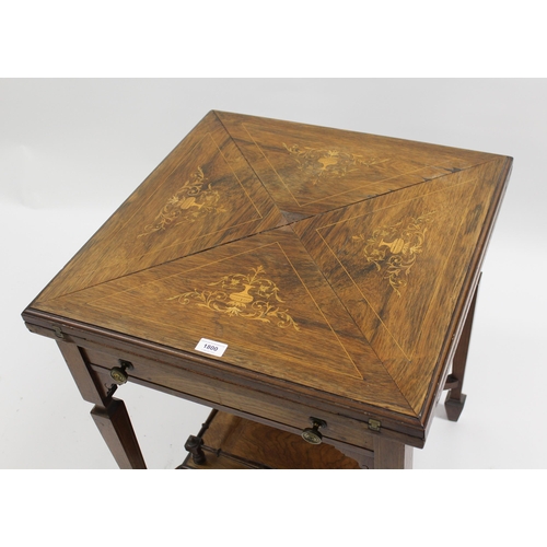 1800 - Edwardian rosewood and marquetry inlaid envelope card table with a single drawer, raised on square b... 