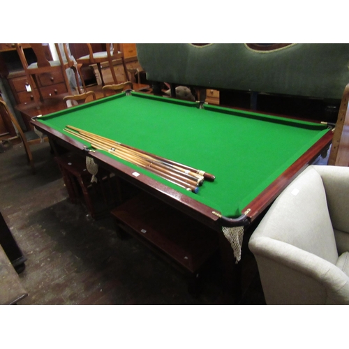 1802 - Mahogany quarter size snooker table with various cues and balls etc., 225 x 118cm, on square taperin... 