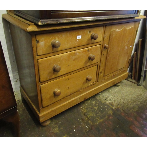 1808 - 19th Century stripped pine side cabinet with a low shelf back above three drawers beside a cupboard ... 