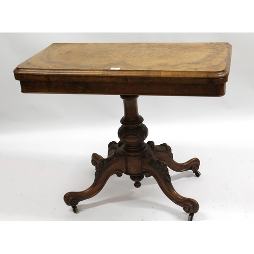 1830 - Victorian figured walnut rectangular fold-over card table on a turned and carved column support with... 