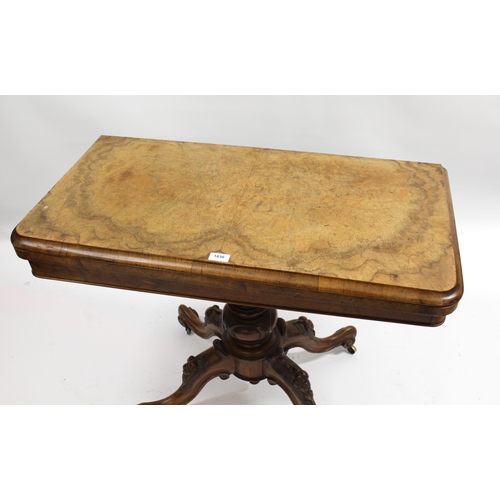 1830 - Victorian figured walnut rectangular fold-over card table on a turned and carved column support with... 