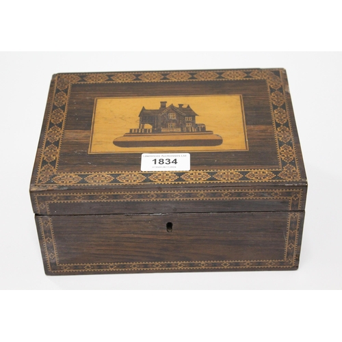 1834 - Late 19th / early 20th Century rosewood Tunbridge ware box, the hinged cover inlaid with a cottage (... 