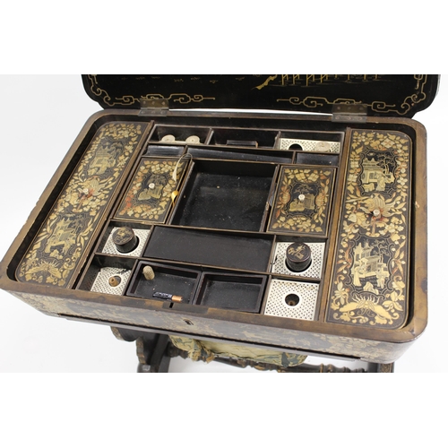 1836 - 19th Century Chinese export lacquer work table, the hinged lid enclosing a fitted interior with some... 