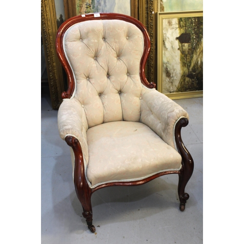 1837 - Victorian mahogany and button upholstered drawing room chair, together with a similar low seat nursi... 