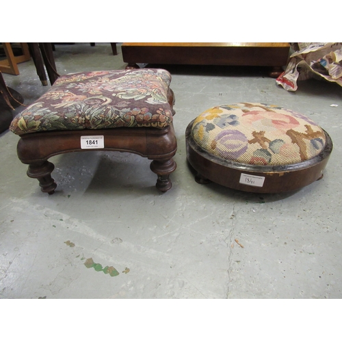 1841 - Small Victorian walnut footstool on turned supports, together with a Victorian walnut circular foots... 