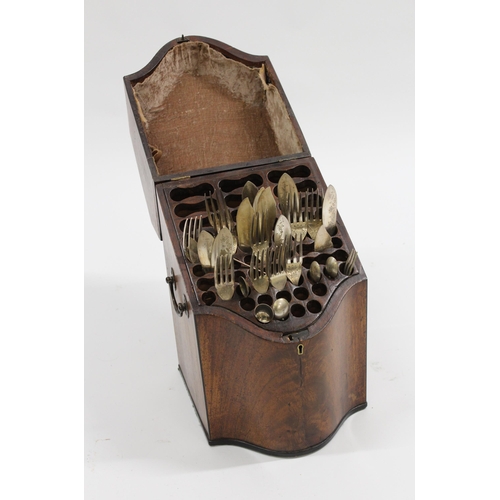 1845 - George III mahogany serpentine shaped cutlery box, the hinged cover enclosing the original fitted in... 