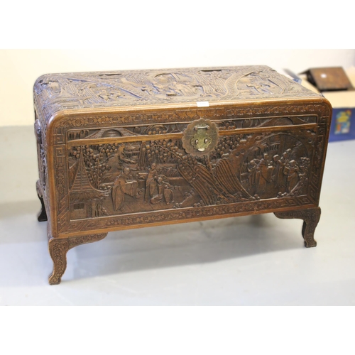 1851 - Early to mid 20th Century oriental carved camphor wood trunk with hinged lid on low shaped supports,... 