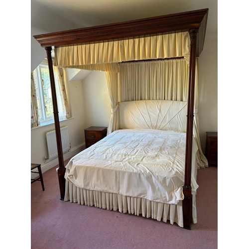 1853 - Mahogany four poster bed, the canopy with a moulded dentil cornice above cluster column foot posts, ... 