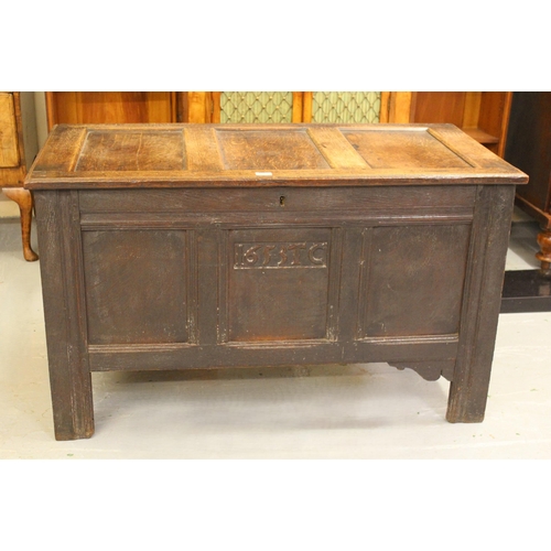 1854 - 18th Century oak coffer, with a three panelled top and front raised on stile feet, 121cm x 60 cm x 7... 