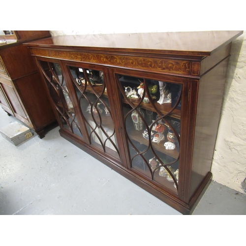 1857 - Good quality Edwardian mahogany marquetry and boxwood inlaid dwarf bookcase with three astragal glaz... 