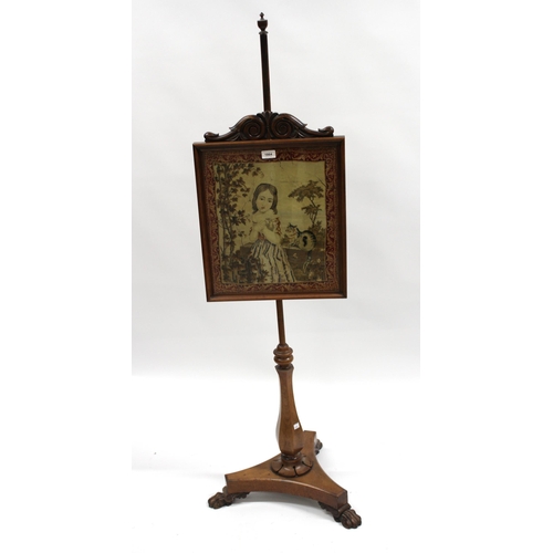 1864 - 19th Century mahogany polescreen with adjustable panel depicting a girl with bird and a cat