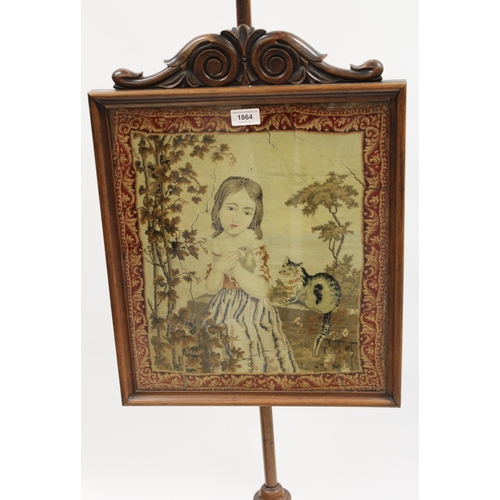 1864 - 19th Century mahogany polescreen with adjustable panel depicting a girl with bird and a cat