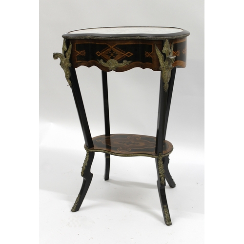 1866 - Continental parquetry inlaid Kingwood, ebonised and brass mounted occasional table with a marble ins... 