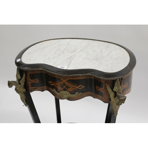 1866 - Continental parquetry inlaid Kingwood, ebonised and brass mounted occasional table with a marble ins... 