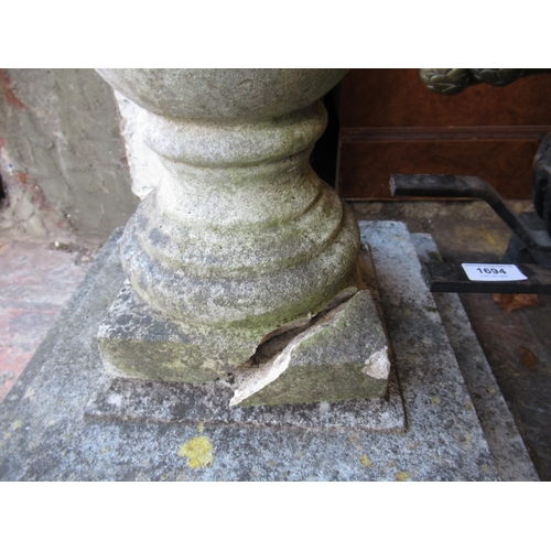 1878 - Weathered reconstituted stone garden sundial on a baluster column (at fault)