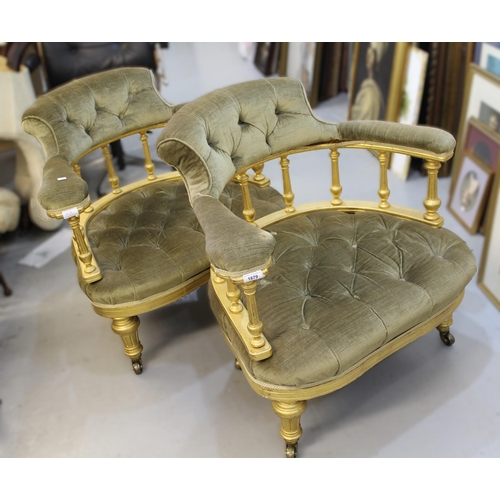 1879 - Pair of late 19th Century gilt wood and button upholstered tub shaped drawing room chairs, raised on... 