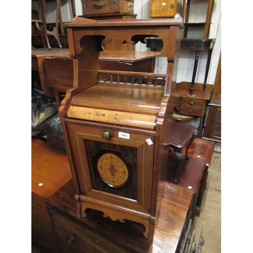 1892 - Late Victorian walnut and inlaid coal purdonium, the galleried top above a spindle alcove and full f... 