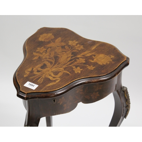 1894 - Small early 20th Century Continental stencil decorated work table, the shaped hinged lid with floral... 