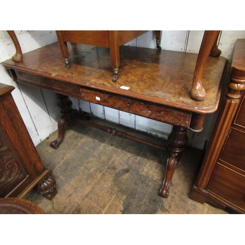 1916 - 19th Century burr walnut two drawer side table, raised on turned supports with cabriole legs, united... 