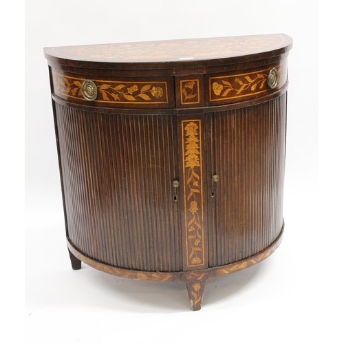 18th Century Dutch marquetry bow fronted side cabinet, with two drawers above two tambour doors, raised on three square tapering supports, 83cm wide x 44cm deep x 81cm high