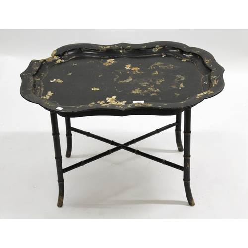 1965 - 19th Century chinoiserie lacquer papier mache tray adapted for use as an occasional table, 77cm wide... 