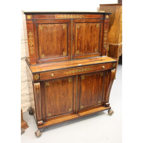 1971 - Regency rosewood brass inlaid side cabinet, the galleried top with two panelled doors enclosing shel... 