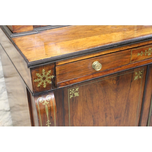 1971 - Regency rosewood brass inlaid side cabinet, the galleried top with two panelled doors enclosing shel... 