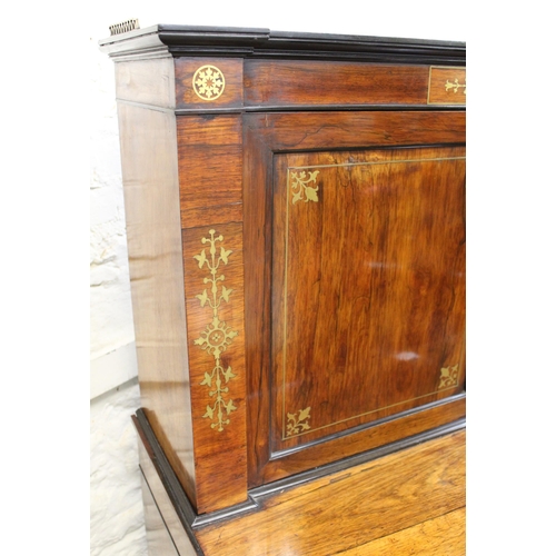 1971 - Regency rosewood brass inlaid side cabinet, the galleried top with two panelled doors enclosing shel... 