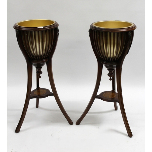 1982 - Pair of reproduction mahogany inlaid and brass mounted jardinieres in Edwardian style, 85cm high