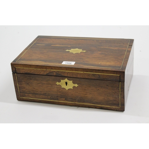 1988 - Victorian rosewood and brass inlaid rectangular fold-over writing box with fitted interior, 35cm wid... 