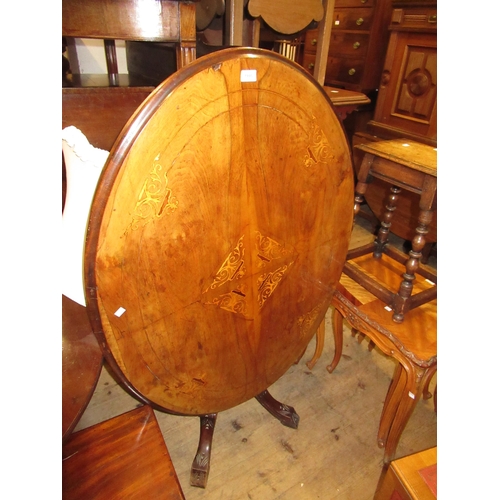 1995 - Victorian walnut and marquetry inlaid oval pedestal centre table, on a quadruped base, 115 x 88cm