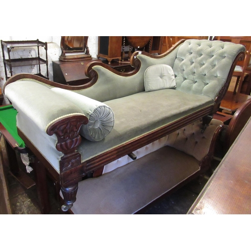 1996 - William IV mahogany and button upholstered chaise longue, the shaped scroll back above a carved and ... 