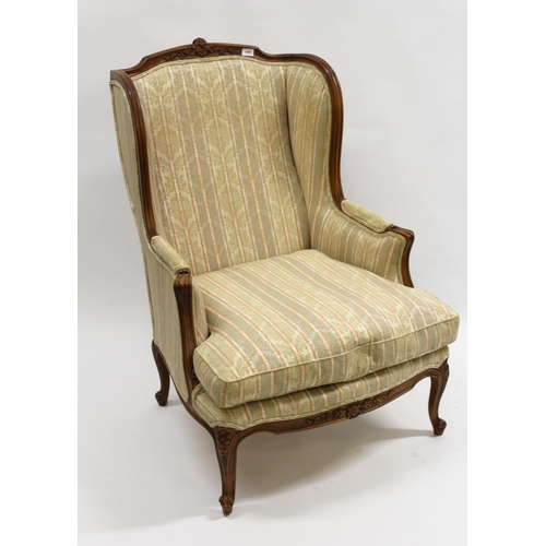 1999 - Reproduction French style wing armchair on cabriole front supports, together with a similar square t... 