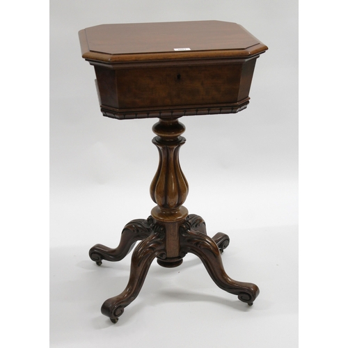 2001 - Victorian mahogany teapoy (adapted for use as a workbox), the irregular octagonal top opening to rev... 