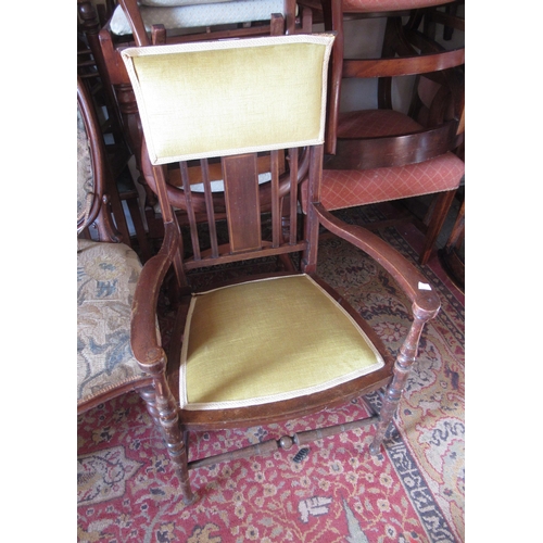 2022 - Edwardian mahogany and line inlaid open arm drawing room chair with yellow padded slatted back, toge... 