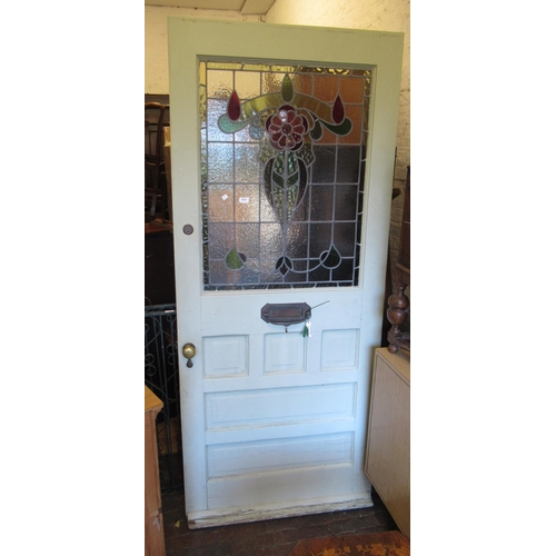 2024 - Late 19th / early 20th Century painted pitch pine front door with leaded glass insert, 211 x 91cm