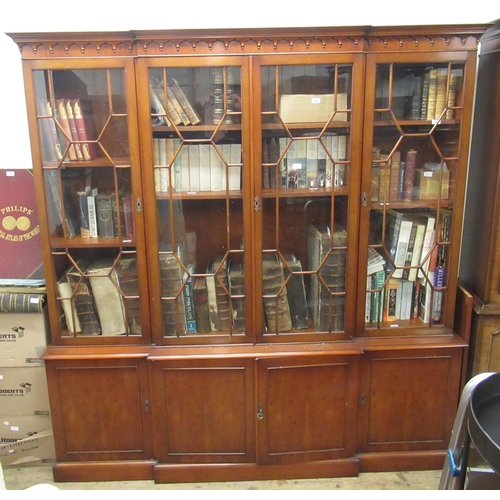 2026 - Reproduction yew wood breakfront four door bookcase, 205cm wide