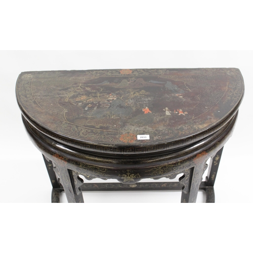 2033 - 19th Century Chinese black chinoiserie decorated D-shaped side table