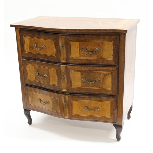 2046 - Continental mahogany parquetry inlaid semi bow fronted chest of three long drawers with brass handle... 