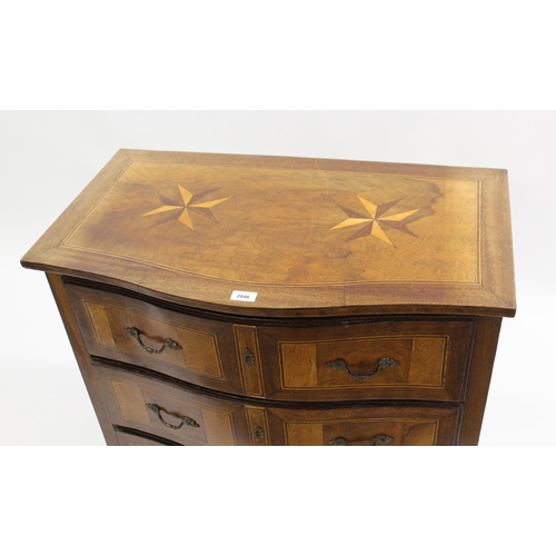 2046 - Continental mahogany parquetry inlaid semi bow fronted chest of three long drawers with brass handle... 