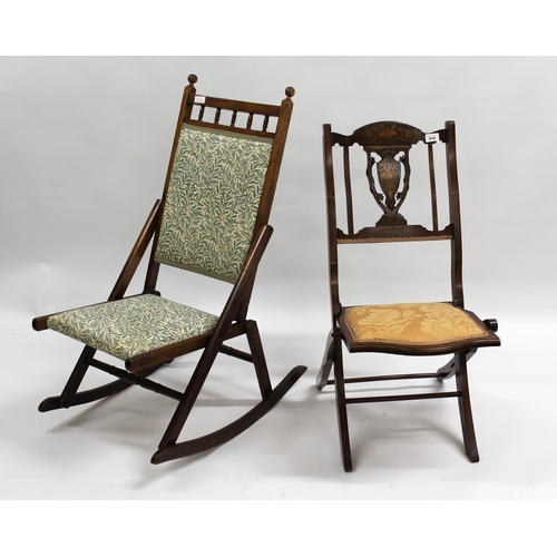 2048 - Edwardian mahogany marquetry inlaid and upholstered folding chair, together with another walnut and ... 