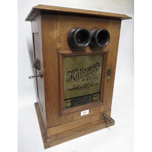 Late 19th Century oak cased Kalloscop Penny in the Slot stereo viewer, with original oil lamp, 50cm high