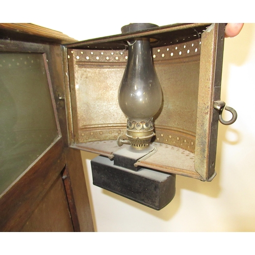 277 - Late 19th Century oak cased Kalloscop Penny in the Slot stereo viewer, with original oil lamp, 50cm ... 