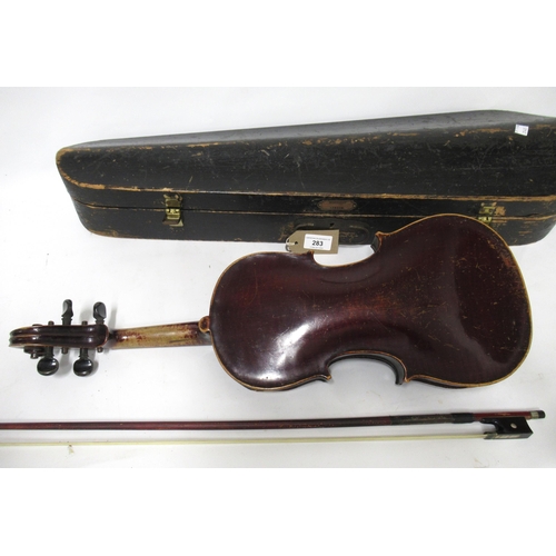 283 - Student violin with bow in a fitted case labelled Maidstone School Orchestra