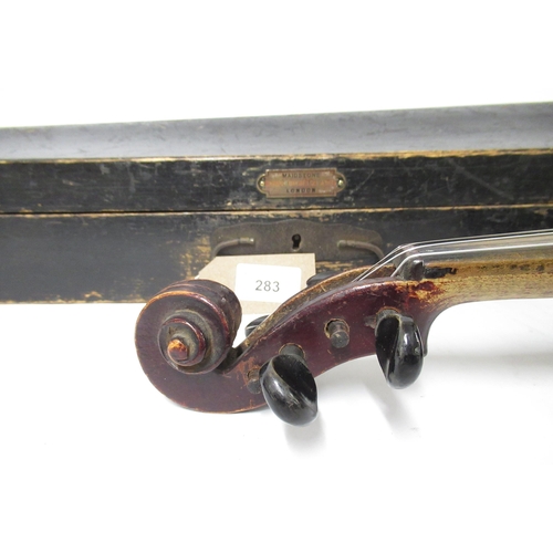 283 - Student violin with bow in a fitted case labelled Maidstone School Orchestra