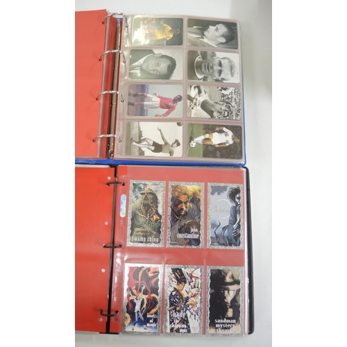 321 - Five albums of trading cards, including Merlin, Pog, Skybox, Vertigo, Top Trumps, Topps, Star Wars a... 